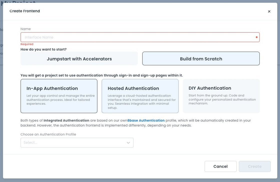 Frontend creation dialog box